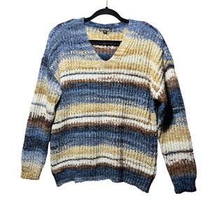 Charlie B Striped‎ V Neck Sweater Blue Brown Yellow Textured Wool Blend L